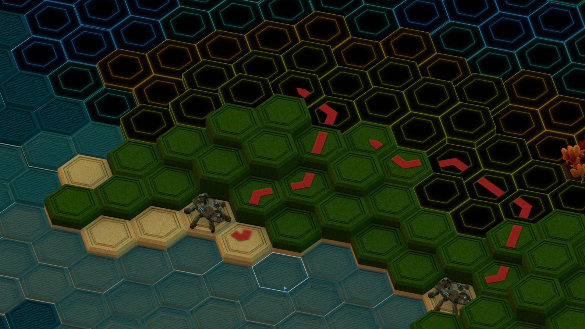hexagonal map with two mechs, paths and visually blocked tiles