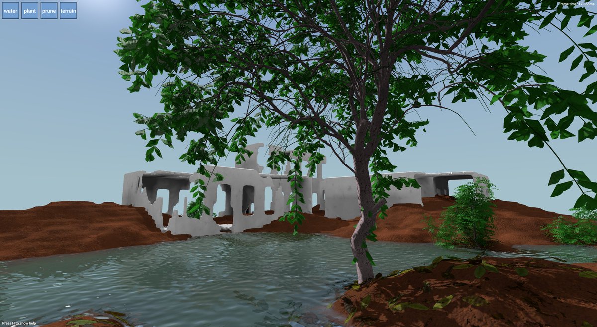 Garden screenshot: a tree, leaves, water and ruins