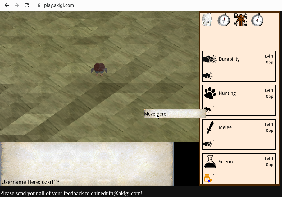 Akigi screenshot: map, character model, chat and panel