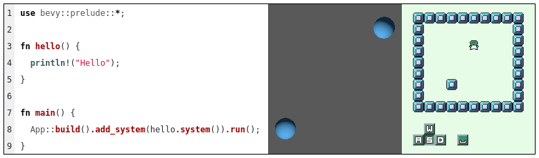 Bevy hello world code snippet and two game screenshots, one displaying two blue spheres in a grey canvas and another one displaying a gameboy colored tile game