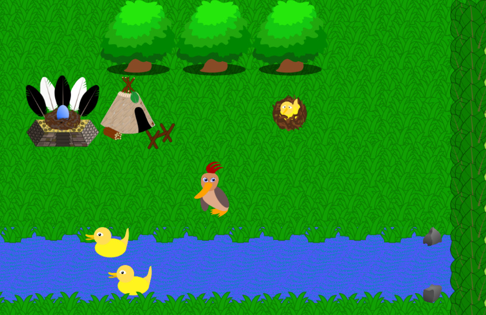 A brightly colored scene with a grass field, a river, and some happy ducks.