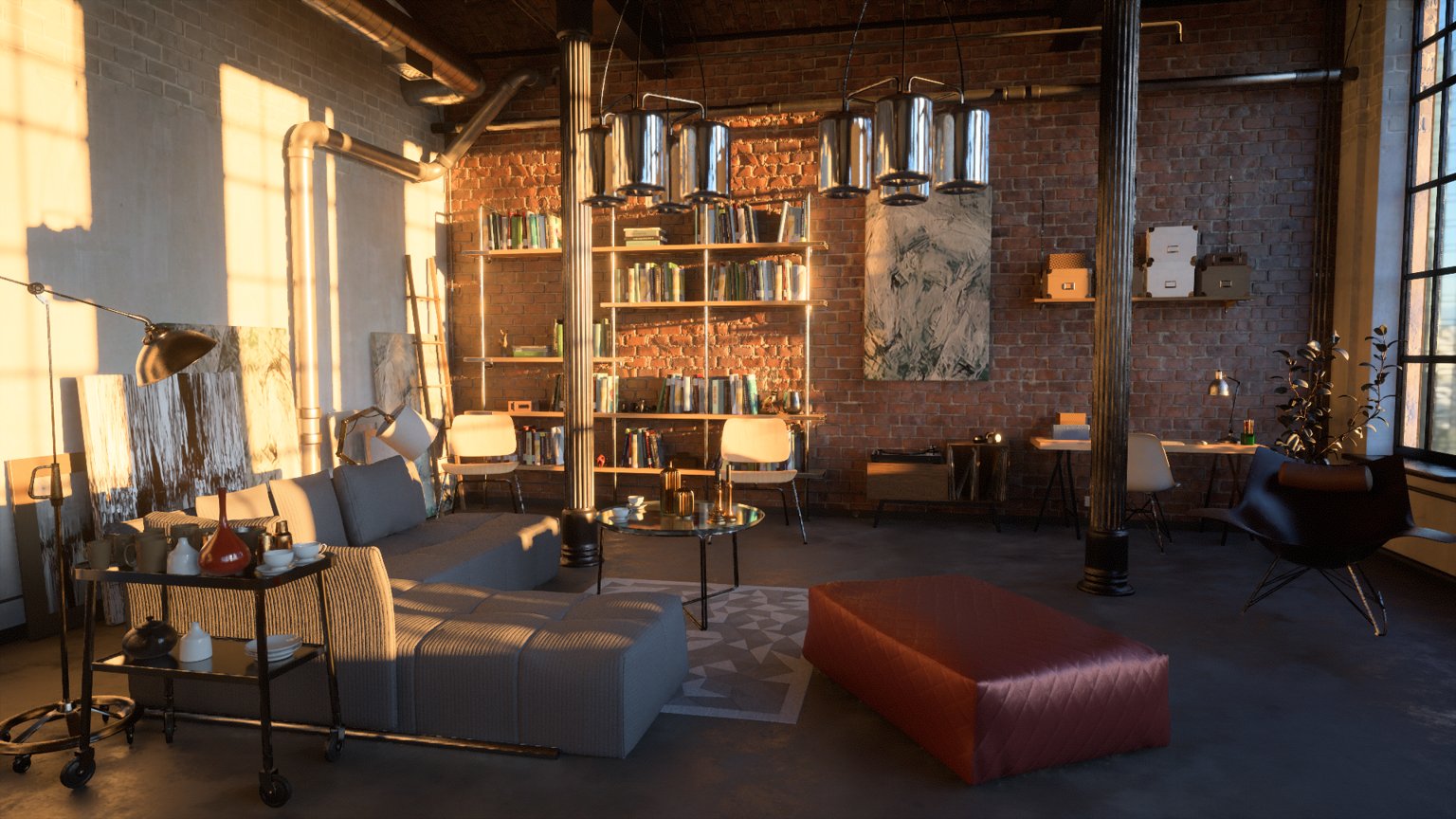 A rendering of a fancy loft apartment