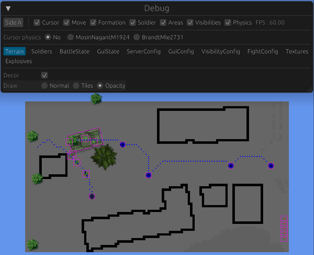 Debug window: terrain tiles, units, and paths